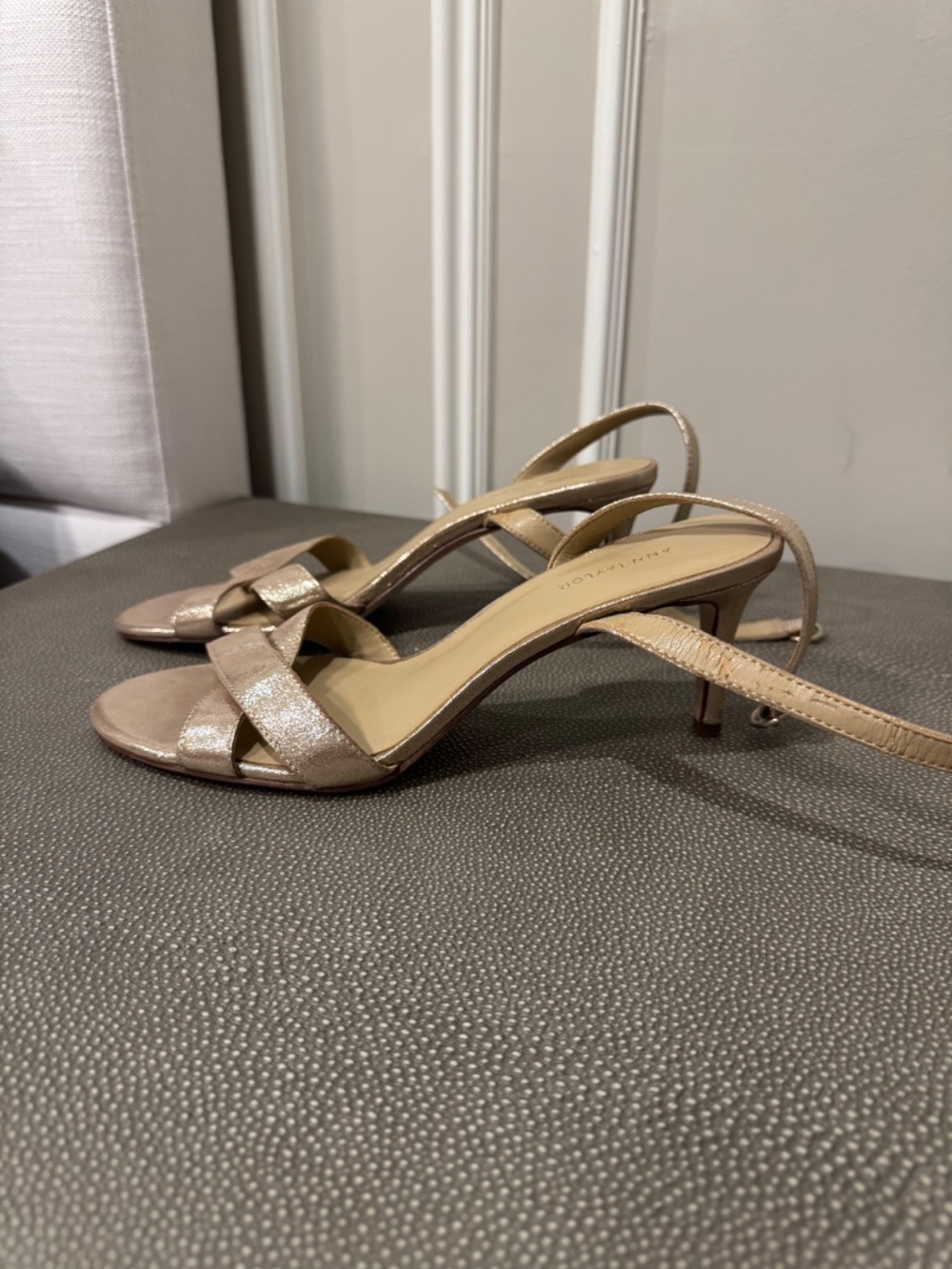 Ann Taylor Judith Metallic Champagne Crisscross Kitten Heel Sandals Size 7M